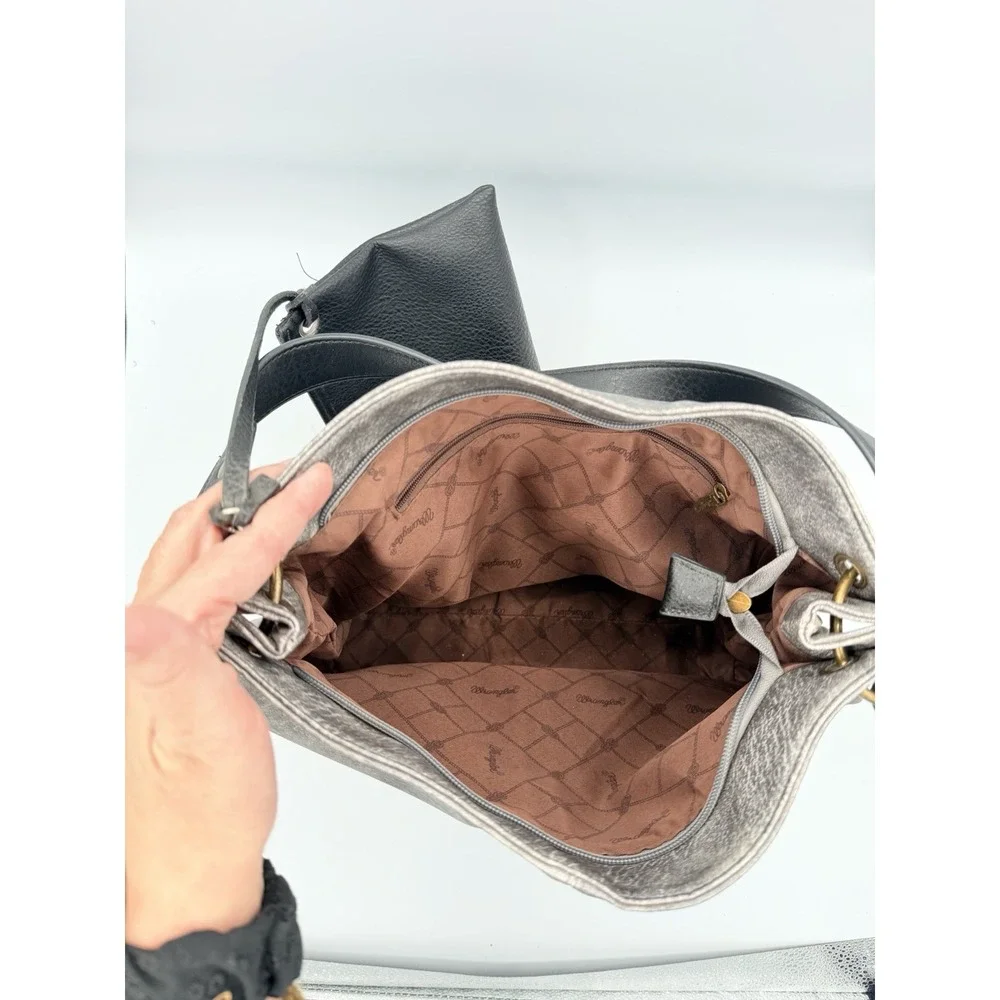 Vintage Wrangler Montana Western Cowgirl Vegan Leather Hobo Bag Purse Gray Retr